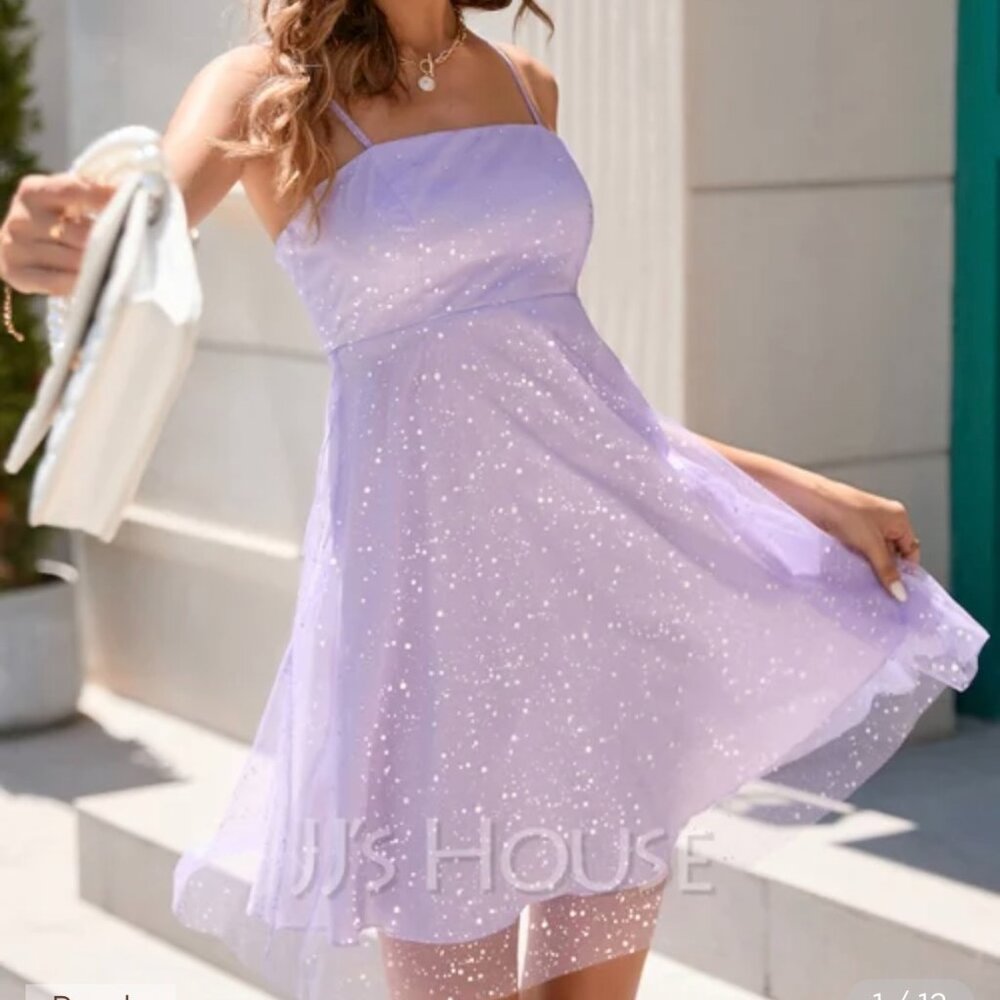 JJ's House A-line Square Short Tulle Homecoming Dress with Sequins